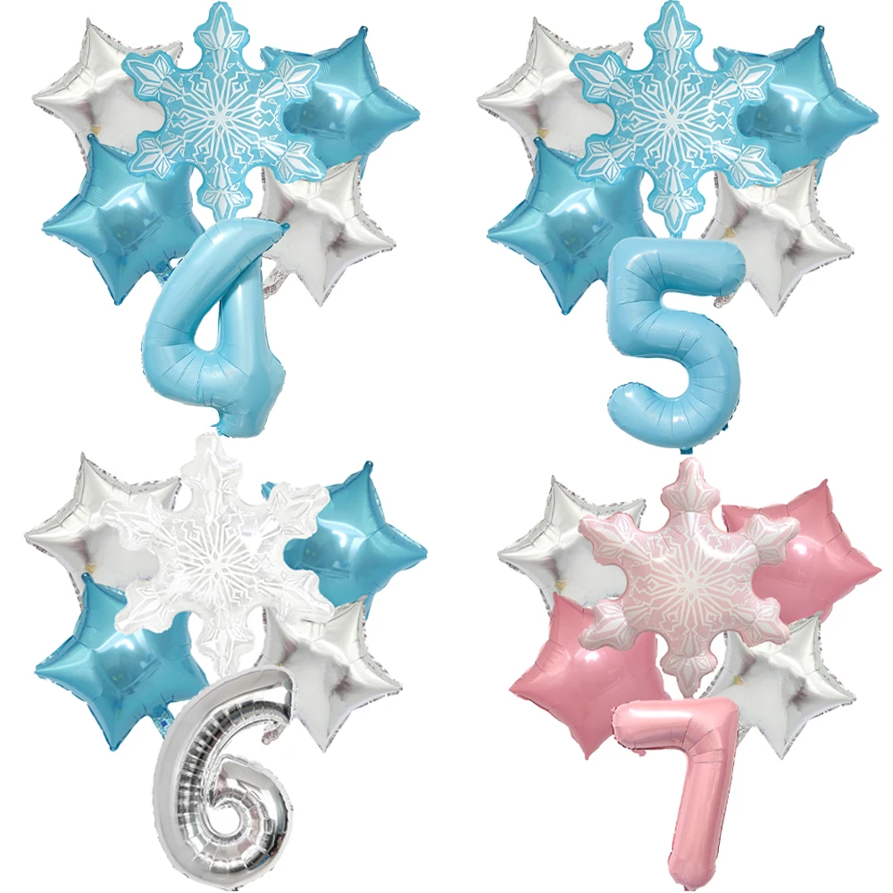 6-teiliges Schneeflocken-Folienballon-Set mit 32-Zoll-Zahlenballons 0-9, Winter-Schneeflocken-Thema, Prinzessinnen-Geburtstagsparty-Dekoration