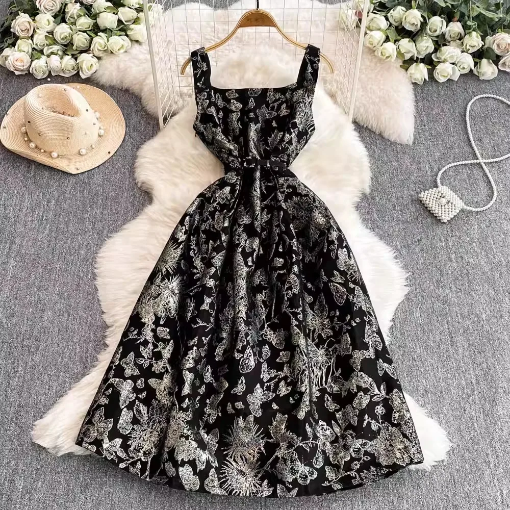 

Black Jacquard Floral Dress for Women with Sashes Square Collar Sleeveless Clothing Lady Streetwear Party Vestidos Bodycon
