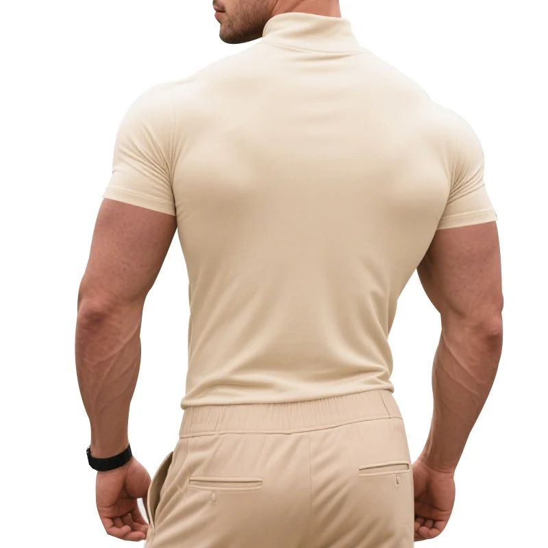 Summer Casual Men's T-shirt Solid Color Half High Collar Short Sleeve Pullover Tight Sport Elastic Tops Running Training T-shirt