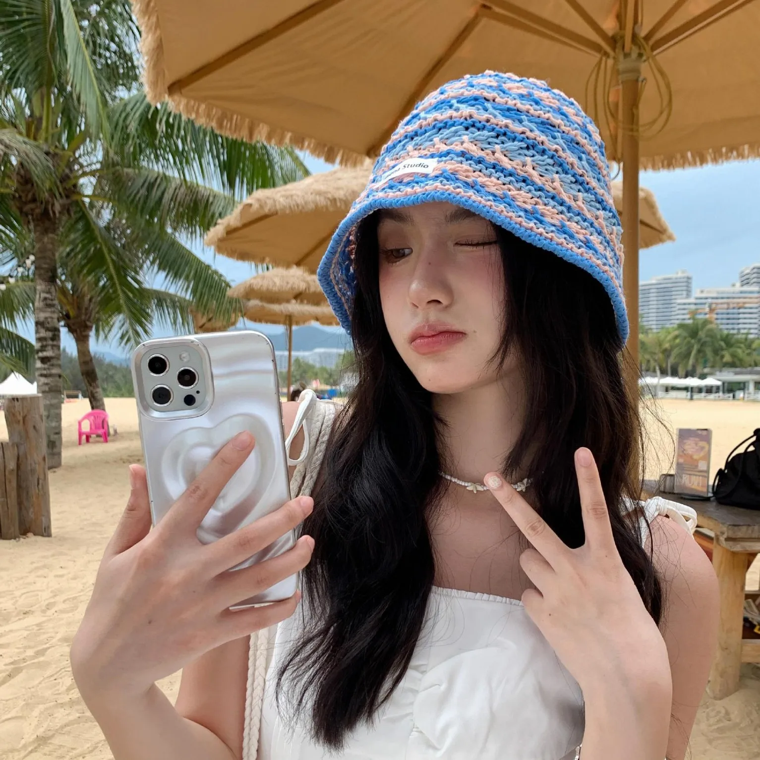 

Женская шляпа-ведро, корейская вязаная полосатая универсальная полая дышащая панама, пляжный отдых, солнцезащитный крем, солнцезащитные шляпы для девочек