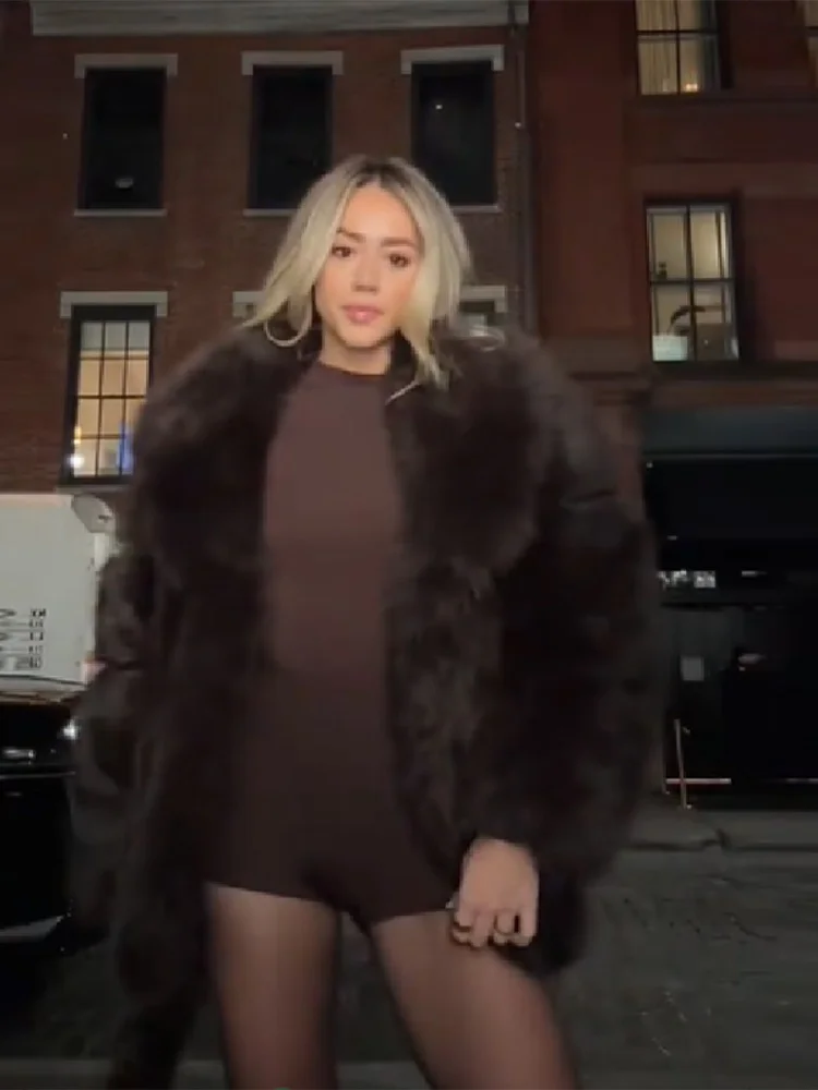 

Women Winter Hot Brown Belted Faux Fur Coat Chocolate Colored Long Sleeved Lapel Jacket Fashion Girls Furry Commuting Overcoat