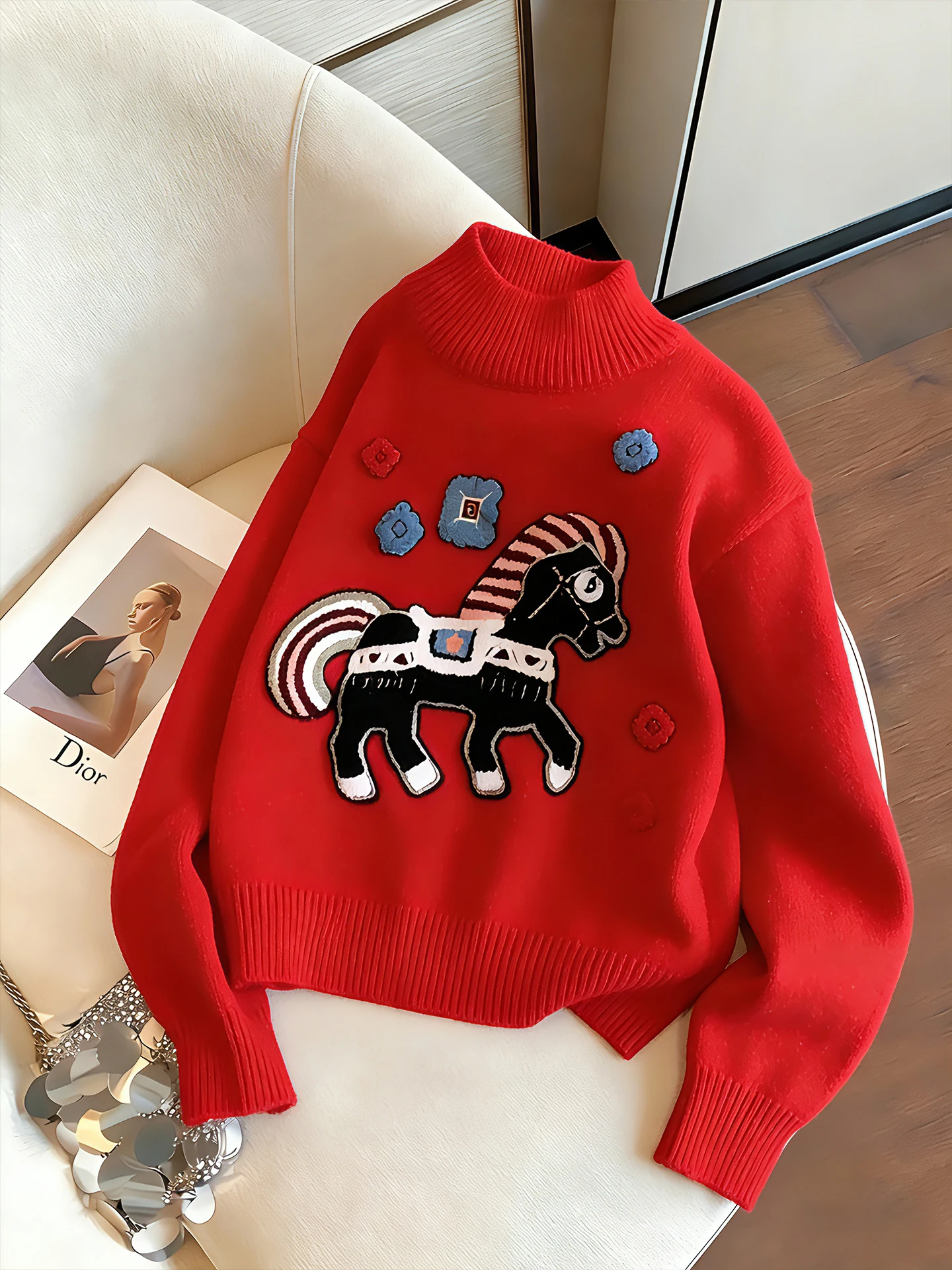 

Красный круглый Ne Long Sve вязаный свитер женский весенне-осенний ленивый свободный утягивающий свитшот с китайским знаком зодиака год