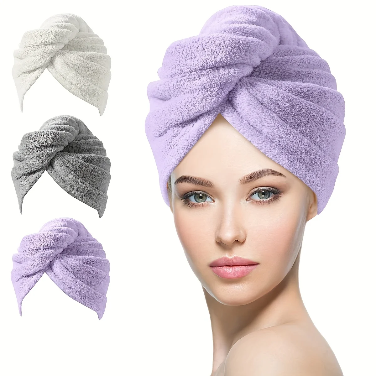 

3pcs Luxurious Hair Towel Wrap Set - Super Absorbent, Quick-Dry Technology for Long Thick Curly Hair, Secure Button Fit, Gentle