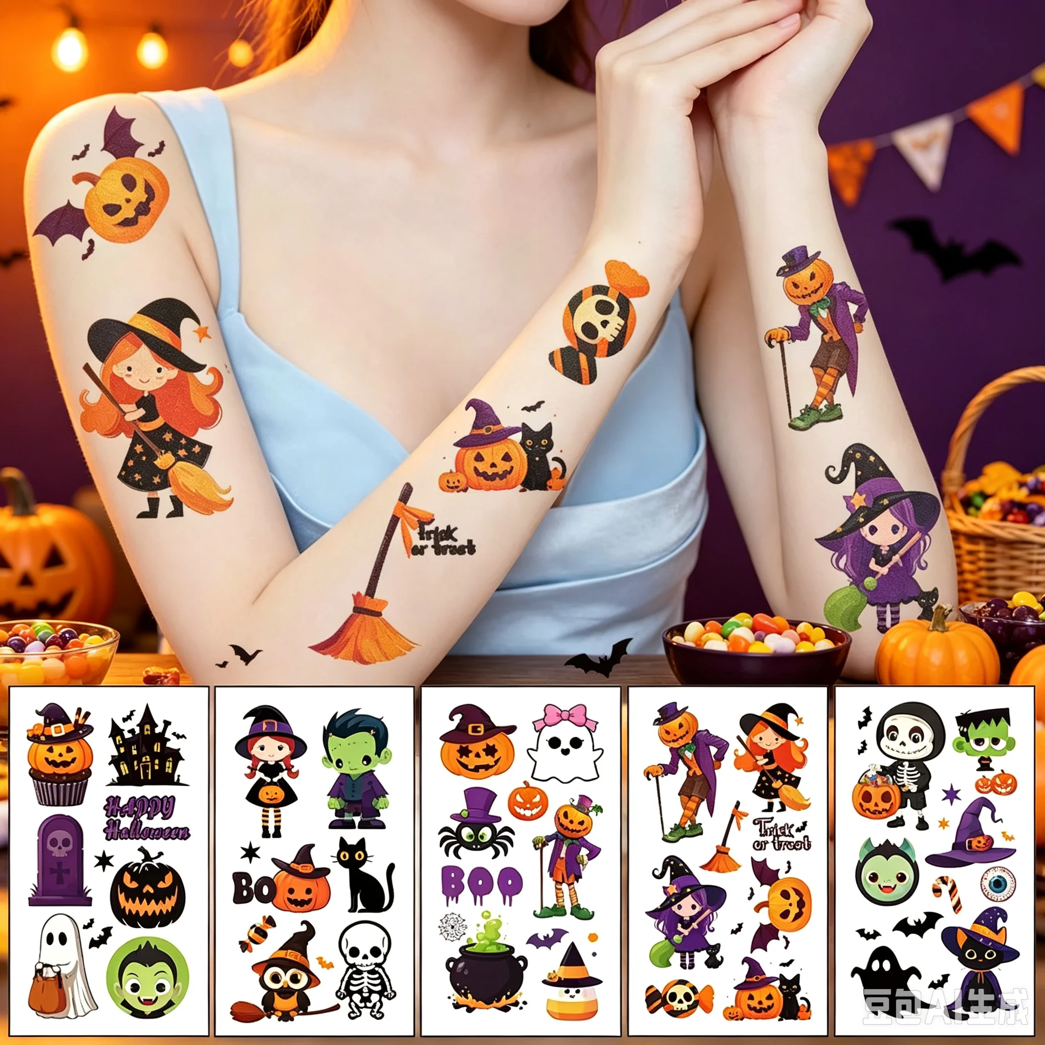 10 Sheets Halloween Pumpkins Tattoo Sticker Temporary Fake Tattoo Arm Hands Body Waterdichte Tatouages Pour Gift Kids Toys