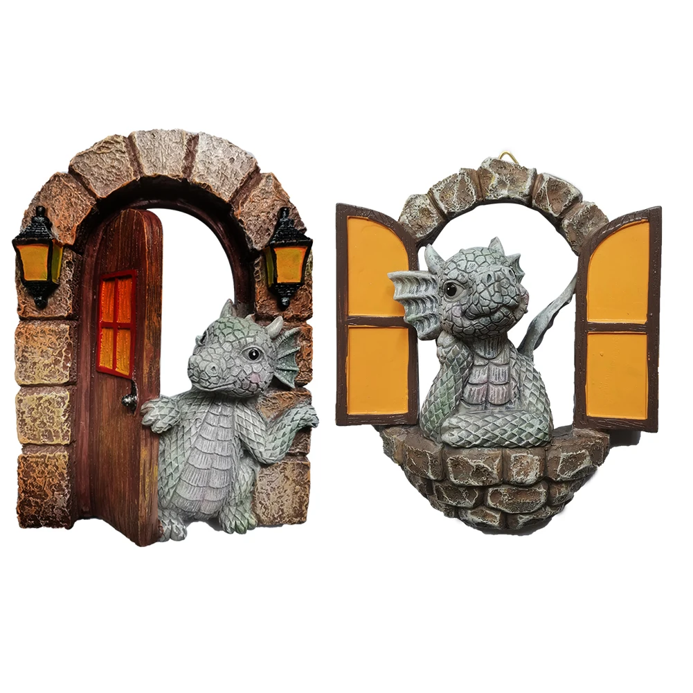 Dragon Opening Door Sculpture Dinosaur Climbing Windows Figurines Resin Waterproof Garden Tree Ornament Supplies