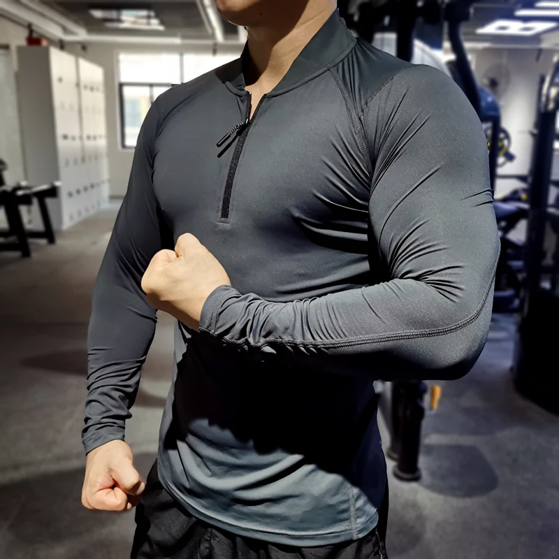 Quick Dry Running Shirt Men Bodybuilding Sport T-shirt Long Sleeve Compression Gym Fitness Tight Zipper Collar Autumn Winter