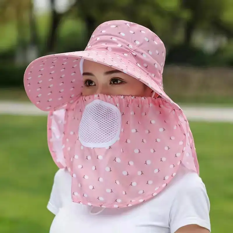 Summer Fishing Hats Breathable Hat With Wide Brim Foldable Ponytail Summer Hat With Face Mask & Neck Flap For Outdoor