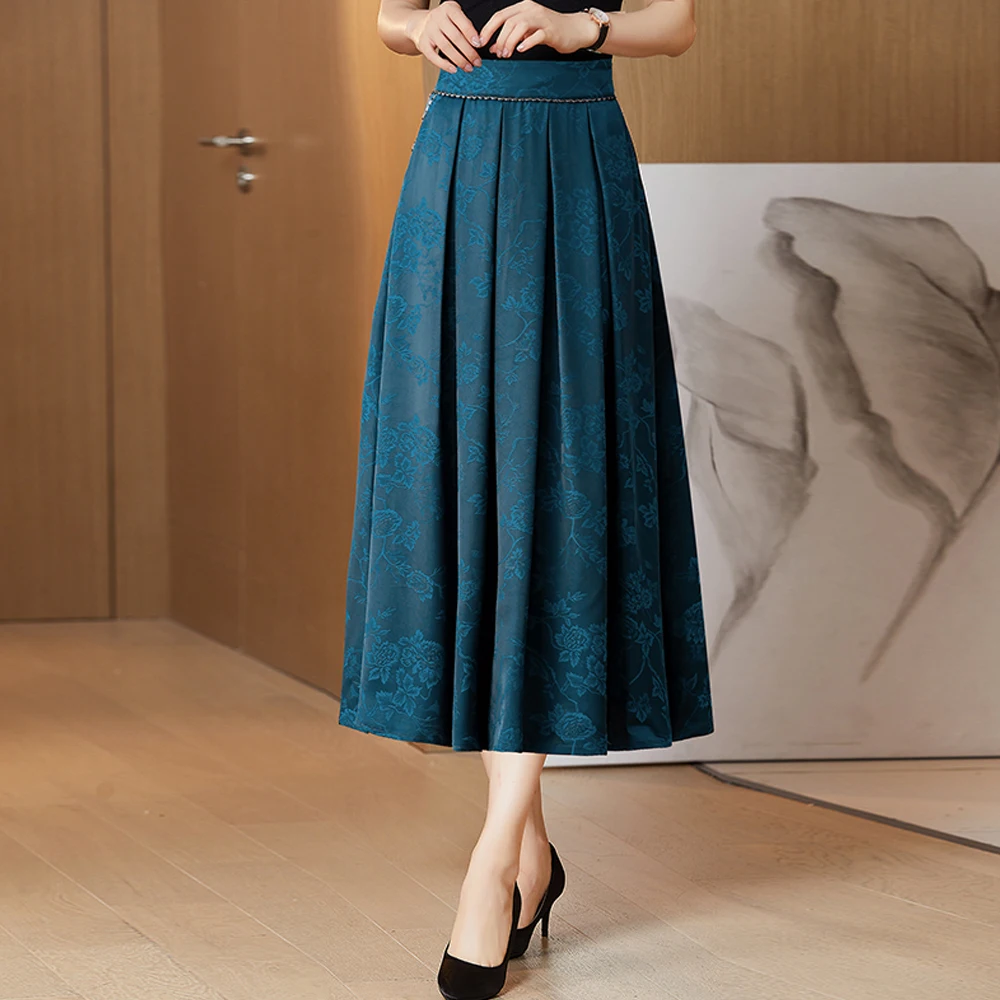 Fashion Jacquard Silk Skirts Women Spring Summer High Waist Casual Pleated Skirts Vintage Loose A-Line Long Skirt Faldas Mujer