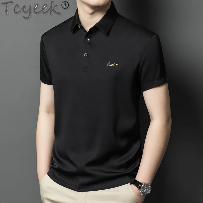 Tcyeek 92.5% Mulberry Silk T Shirt for Men Black Top Mens T Shirts Fashion Short Sleeve Top Summer Clothes 2024 Polo Male Shirt