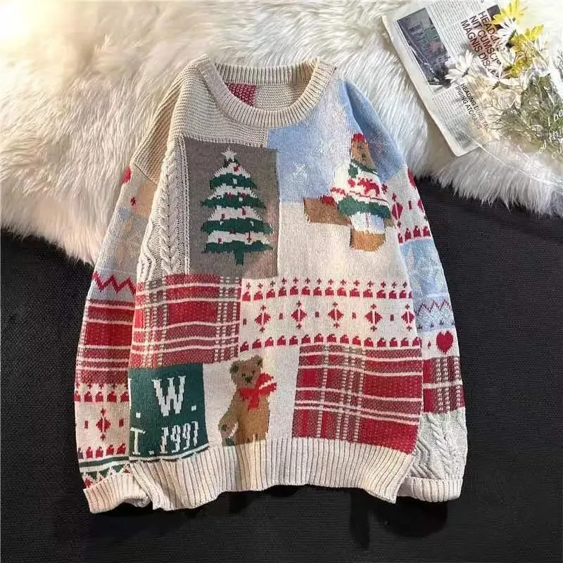 American Retro Lazy Patchwork Sweater, Casaco Versátil, Casaco Solto, Tops da Moda para Mulheres, Natal, Personalidade, Y2K