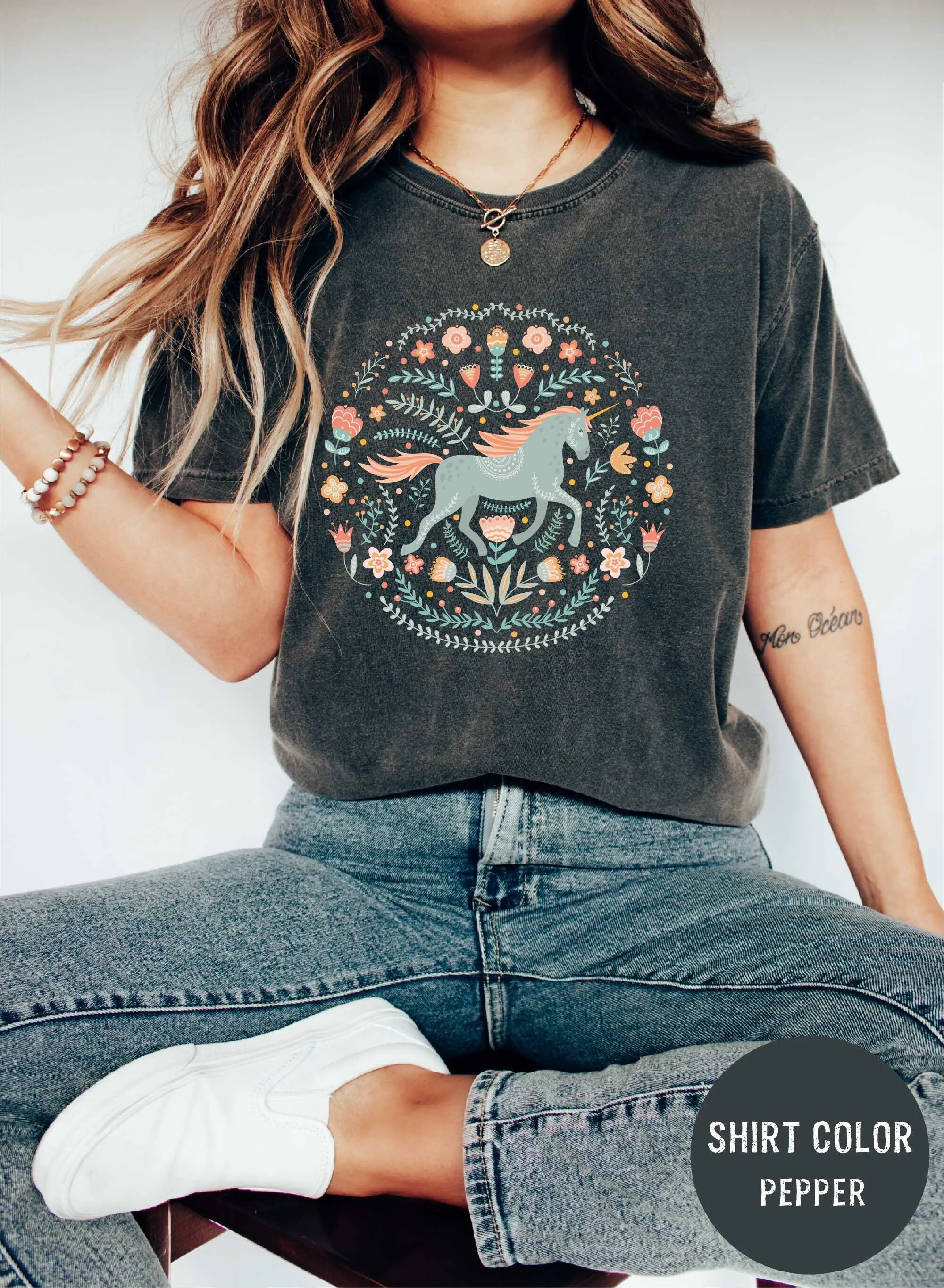 

Floral Horse Comfort Colors T Shirt Country Style for Her Lovers Adult Oversized