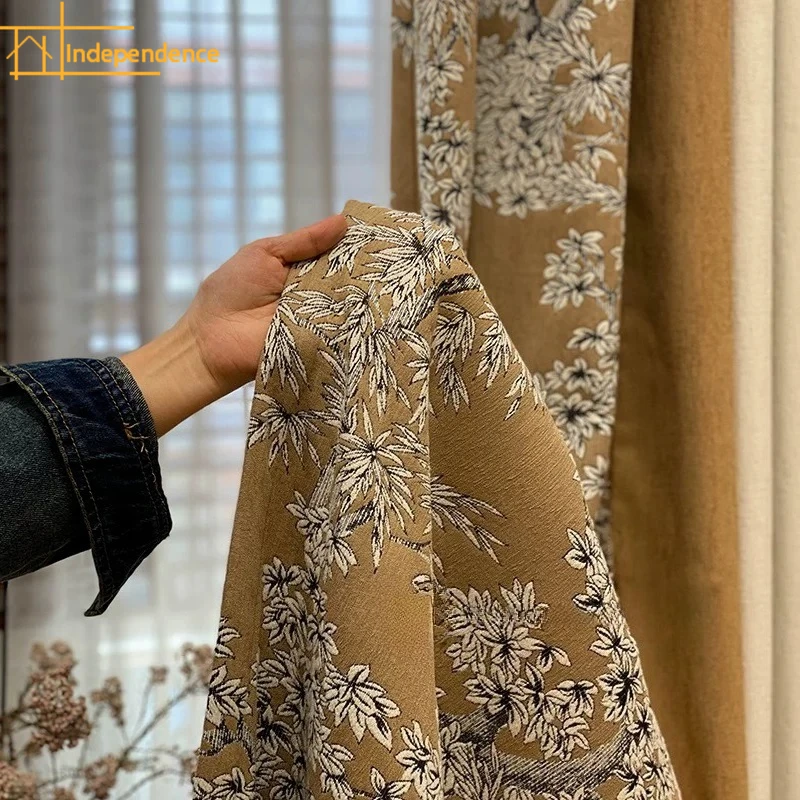 Plant Jacquard Turmeric and Beige Stitching Chenille Curtains for Living Room Bedroom French Window Customized Products