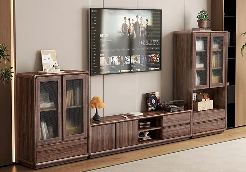 Black Walnut TV Stand Modern Simple Media Console Small Living Room Storage Cabinet Floor Unit Multifunctional Locker for