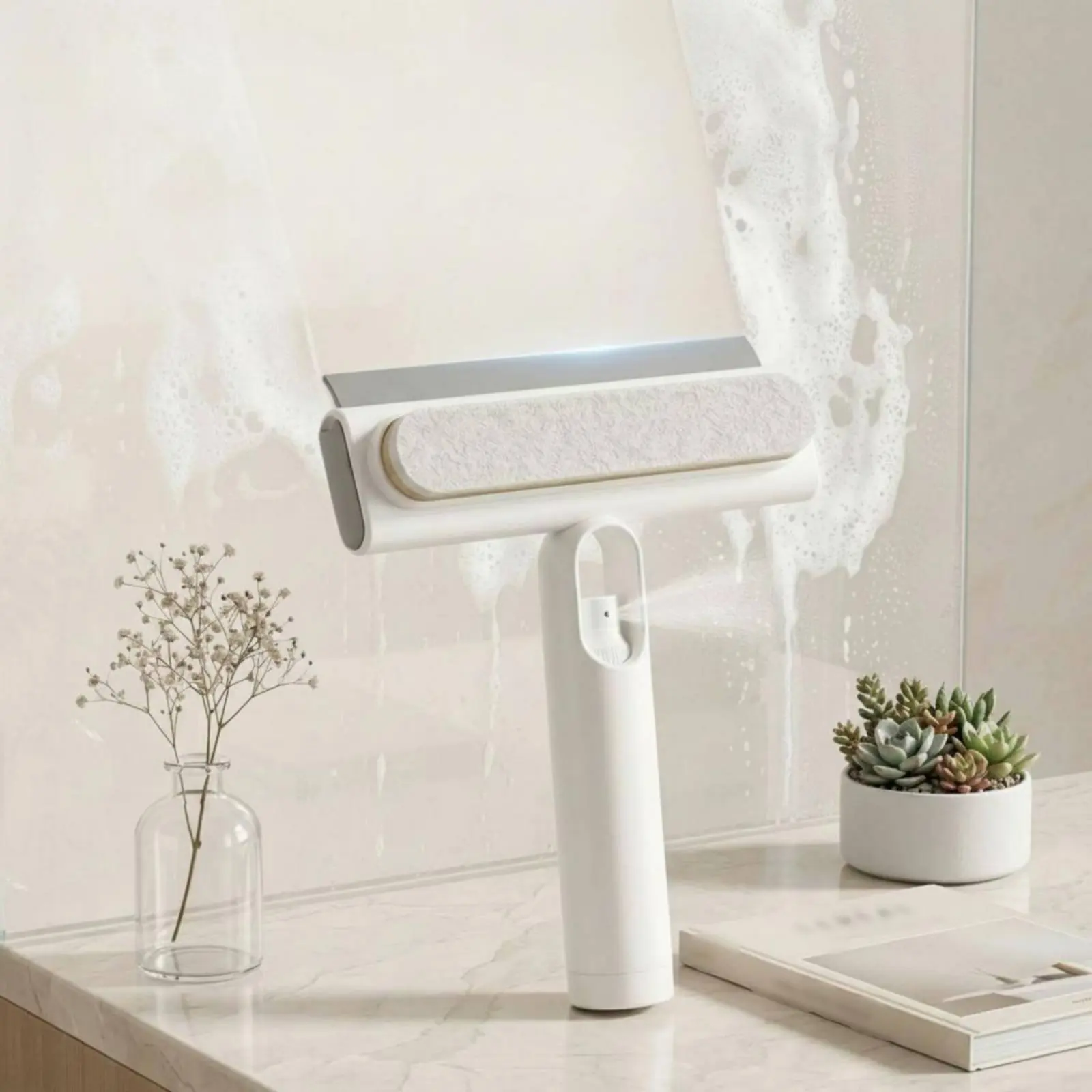 Limpiacristales de Triple Función con Espátula Flexible 3 en 1, Herramienta Limpiadora de Vidrios con Dispensador y Mango Ergonómico