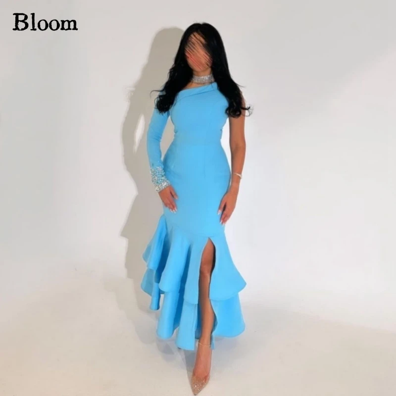 Bloom Sky Blue One-Shoulder Prom Dresses Cuff Beadings Long Sleeve Mermaid Evening Dresses Wedding Party Dress vestidos de gala