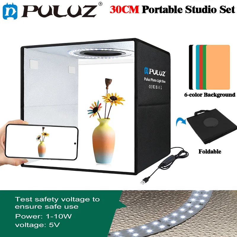 

PULUZ Foldable Portable 30cm LED Ring Light Studio Set with 6-color Background Quick Storage Photography Light Box Support USB
