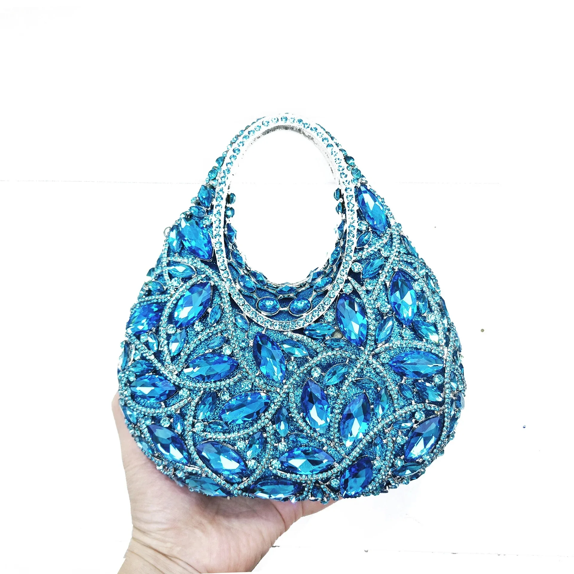 WHTUOHENG, bolso grande de noche con diamantes de imitación y asa superior, cristales azul cielo, bolso de mano metálico con diamantes, bolso de boda, bolso nupcial