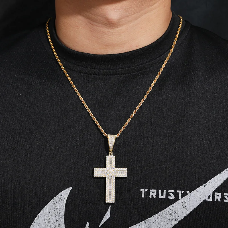 Hiphop D Color Baguette Cut Moissanite Cross Pendant Necklace Men 925 Sterling Silver White Gold Plated Rope Chain Pass Tester