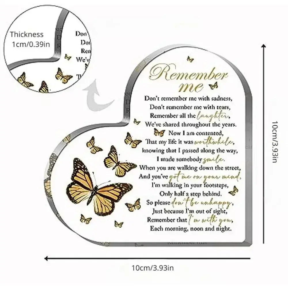 Remember Me Monarch Butterfly Heart Acrylic Plaque Sympathy Memorial Desktop Keepsake