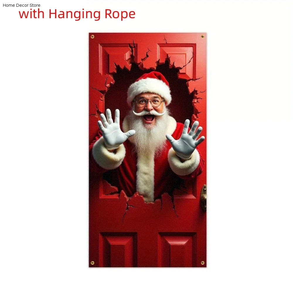 Santa Claus Pattern Christmas 2D Door Banner Rectangular Perforated Strap Fastening Christmas Door Cover Hanging Polyester