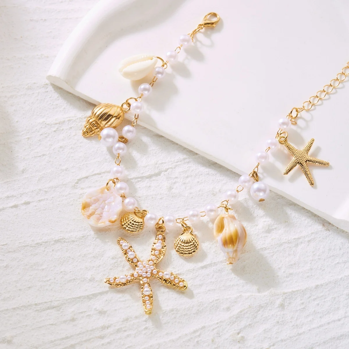 Imitationsperlen-Seestern-Muschel-Anhänger Halskette Armband Fußkettchen Set für Damen und Herren Boho Seestern Sommer Schmuckset – Detail 22