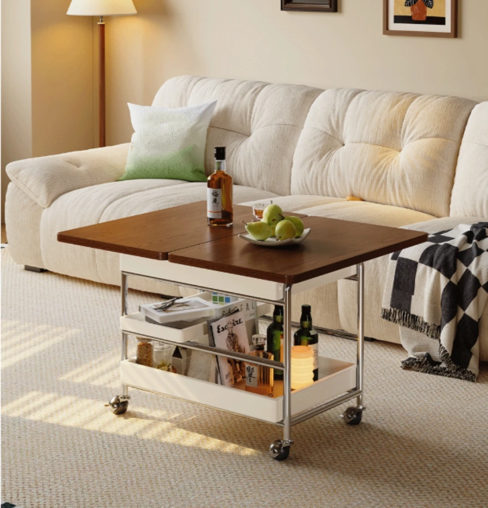 xx-Simple Solid Wood Coffee Table for Home Living Room, Vintage Style, Small Apartment, Movable Foldable Trolley Coffee Table&