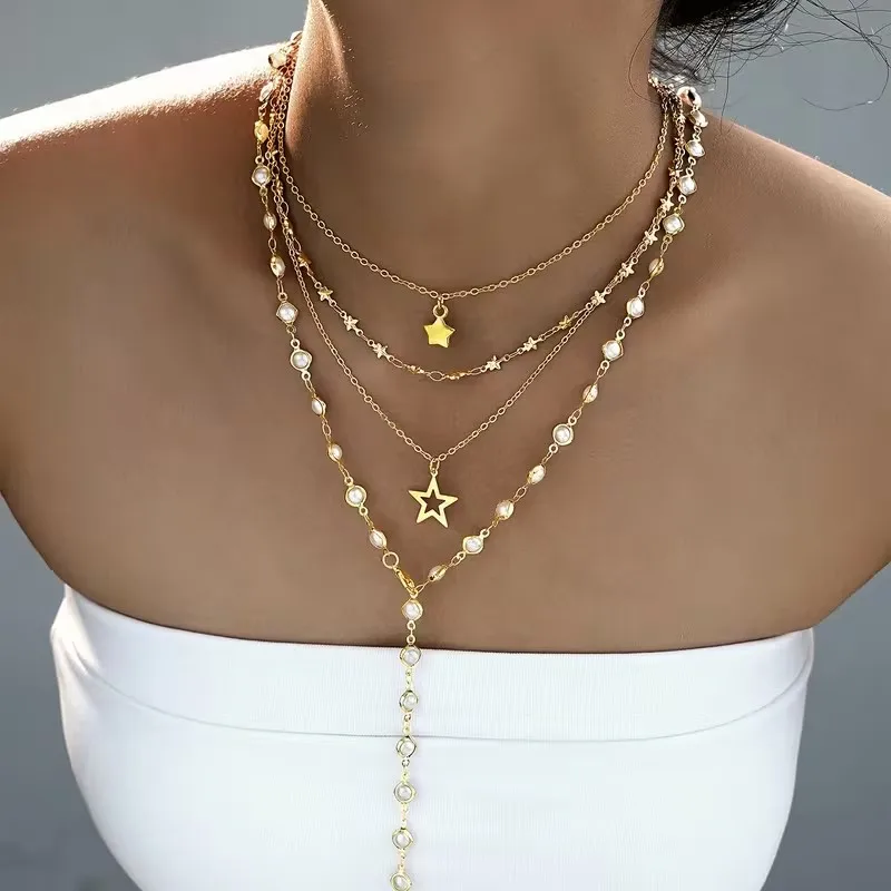 Golden-Toned Layered Y-Shape Long Chain Necklace for Women Star & Faux Pearl Stackable Multi-Layer Chain Jewelry Gifts