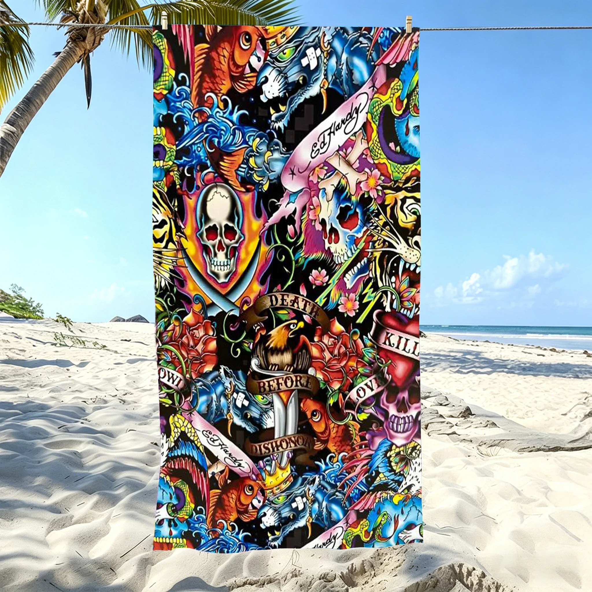 Ed Hardy Vintage Beach Towel Microfiber Quick Dry Streetwear Bath Towel For Pool Beach Travel Tattoo Lovers Gift