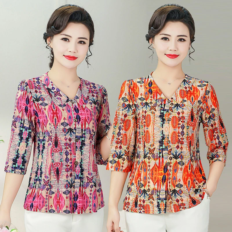 

Модный женский топ с V-образным вырезом и принтом, универсальный, летний, новинка, одежда для мам, из полиэфирного волокна, для повседневной носки