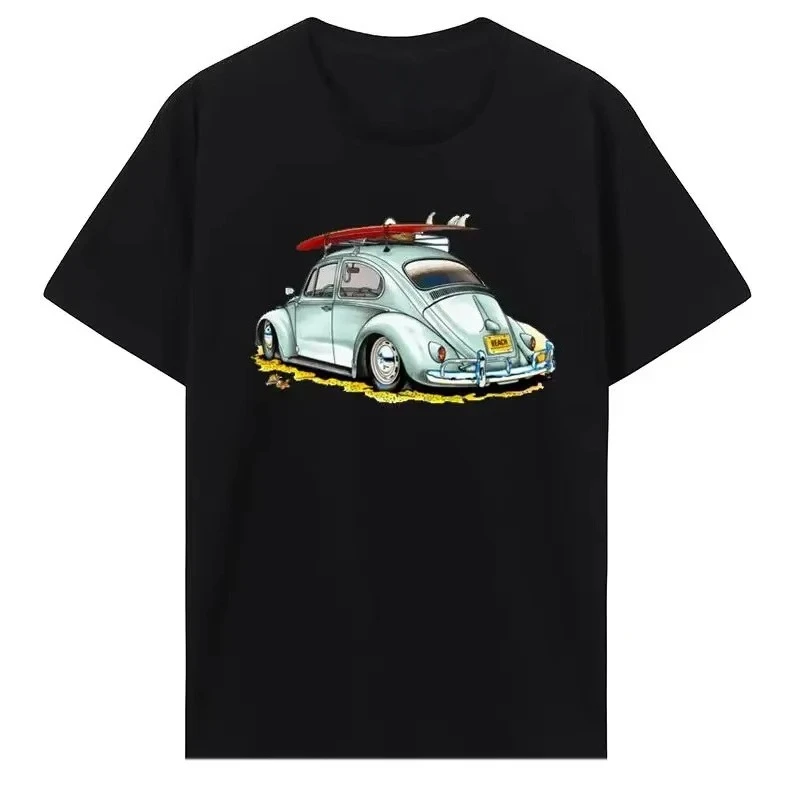 

Summer Classic Car Top Retro Car Pattern T-shirt Men's and Women's Creative Picture Collar Printing Pure Cotton Short Sleeves