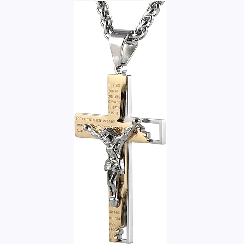 Men's Stainless Steel Cross Jesus Christ Crucifix Bible Prayer Pendant Necklace 24