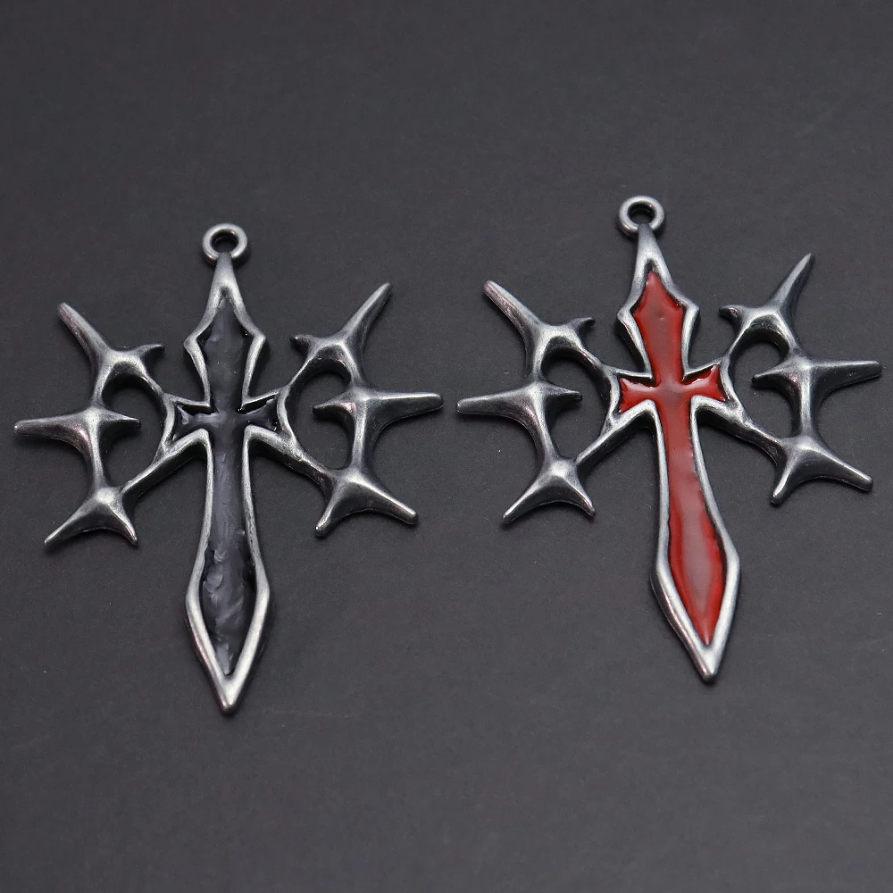 1pc Gothic Thorn Cross Charms Spiked Cross Pendants with Black/Red Enamel, Dark Punk Grunge DIY Jewelry Making Supplies