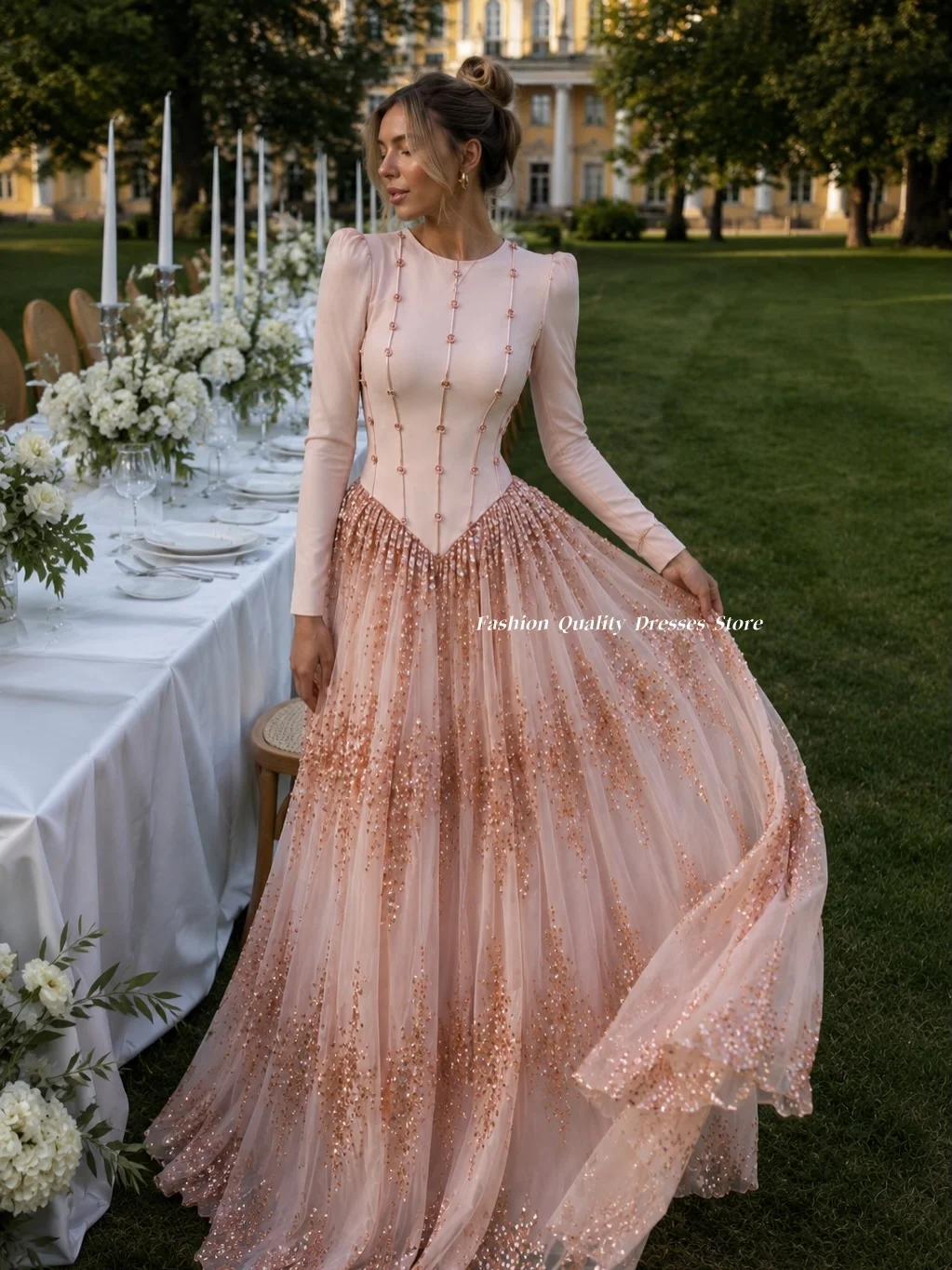 Evening Dress O Neck Long Sleeve Corset Bodice with Gradient Sequin Tulle Skirt Birthday Cocktail Formal Maxi Dress Customized