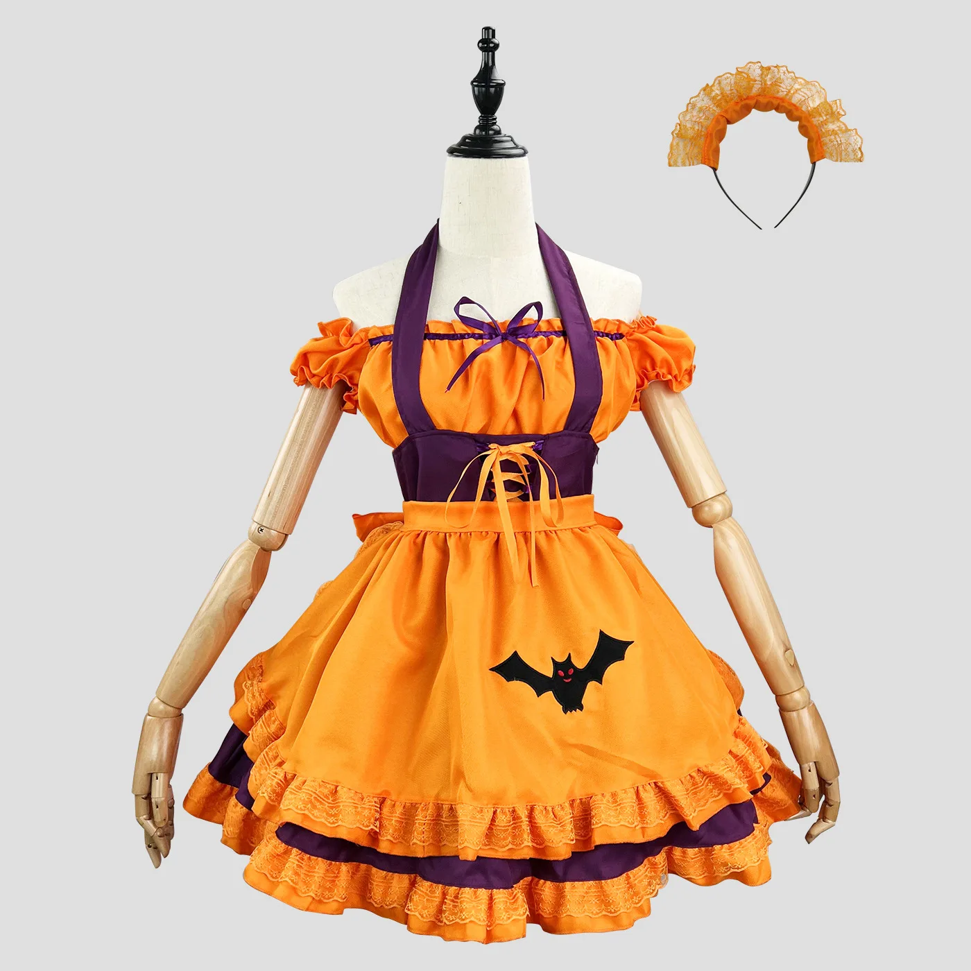 Kawaii Lolita Anime Girls Halloween Cosplay Maid Uniform Set Slash Neck Off Shoulder Flounce Sleeve Pumpkin Dress Role Play Gift