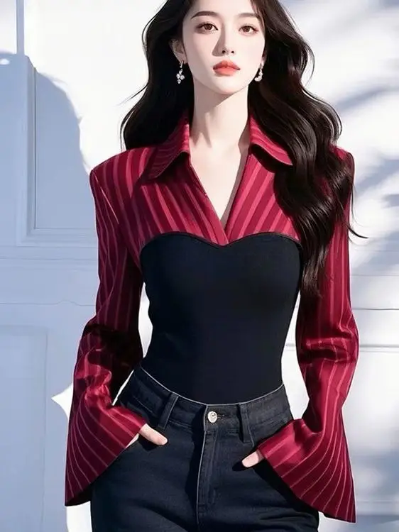 Unique Chic Striped Patchwork Long Sve Women's irt Spring Autumn Slimming Slim Fit Bell Sve Top Korean Sle Commute