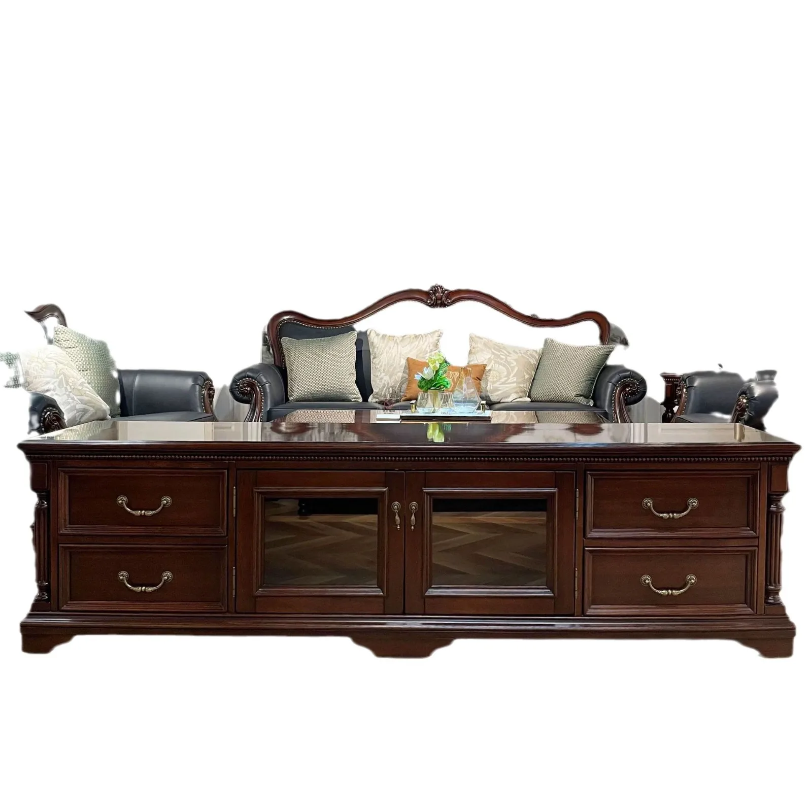 

room TV cabinet classic Roman column retro engraved video cabinet multi-functional storage cabinet