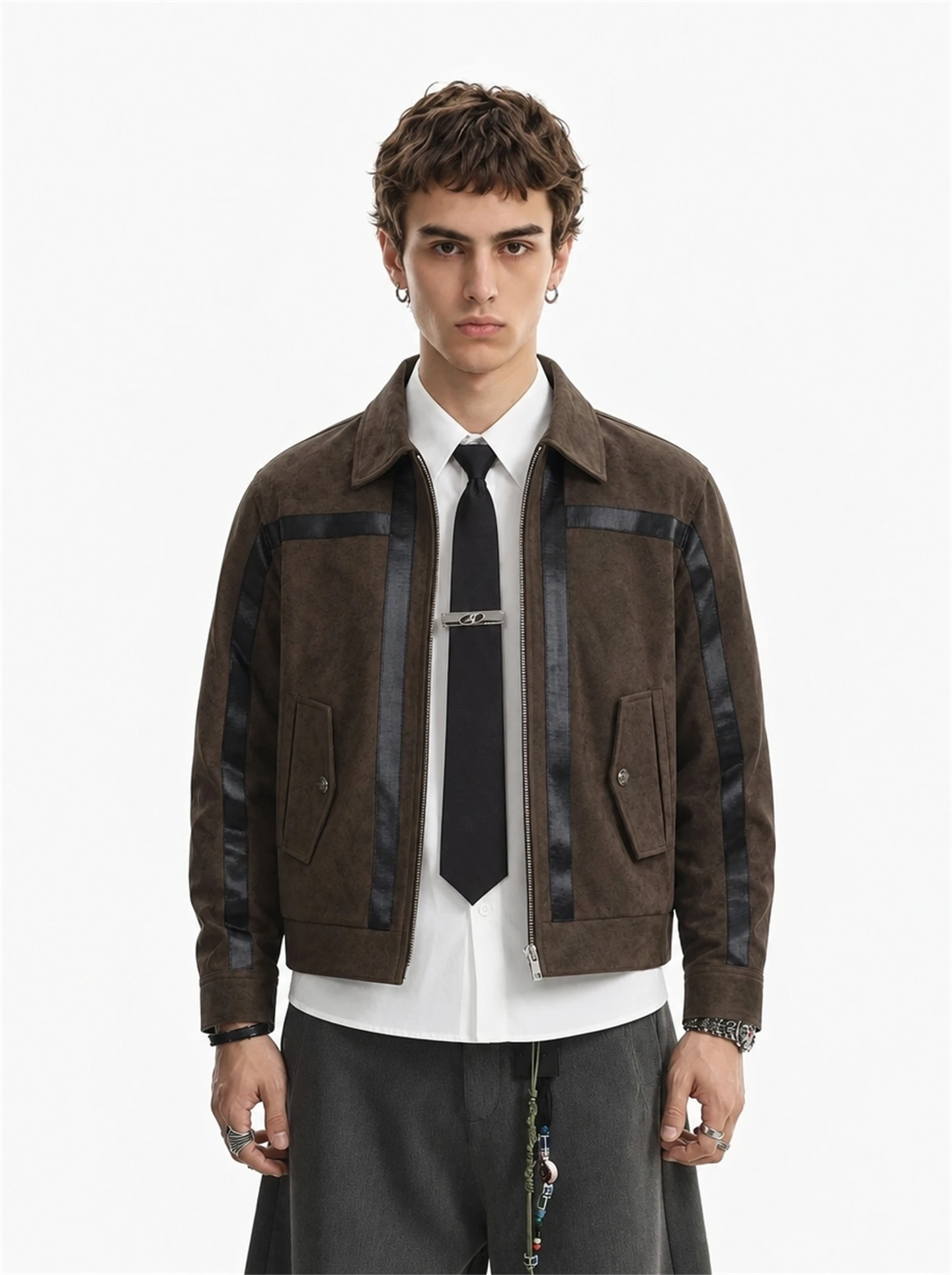 American Retro  Collar Jacket Men's Long Sleeve Splicing Design Autumn New Style Loose Fit Outerwear Youth Trend