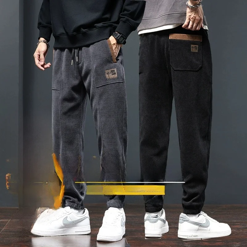 

Мужские вельветовые прямые повседневные брюки на подкладке Fce, зимние теплые брюки, свободный крой с низкой талией, полиэфирное волокно, против морщин