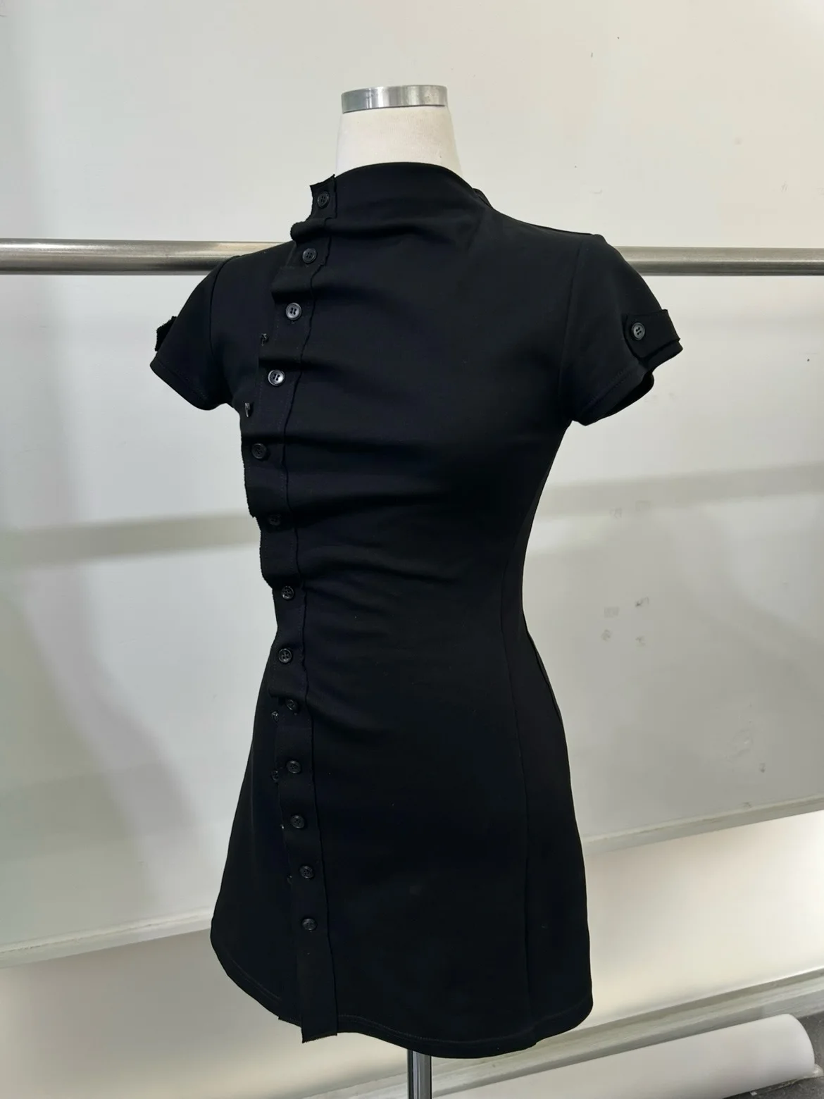 Minimal Irregular Oblique Button Mock Neck Slim A Line Dress Solid Black Ruched Waist Casual Mini Dress