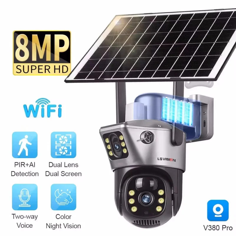 4K 8MP Dual Lens PTZ Solar Camera Dual screen PIR Human Tracking Outdoor WIFI Security CTV Surveillance IP Camera