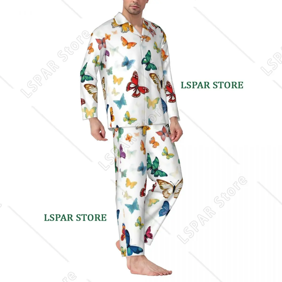 Color Butterflies Pajamas Men Animal Print Trendy Leisure Sleepwear Spring 2 Pieces Casual Oversized Custom Home Suit