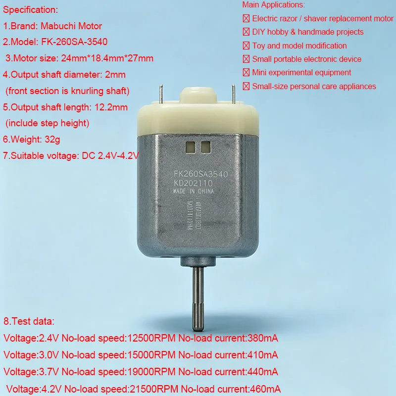 1PCS  Mabuchi FK-260SA-3540 Mini Carbon Brush Motor 2.4-4.2V 21500RPM 24mm for DIY Razor Shaver Hobby Toy Model DC Micro Motor