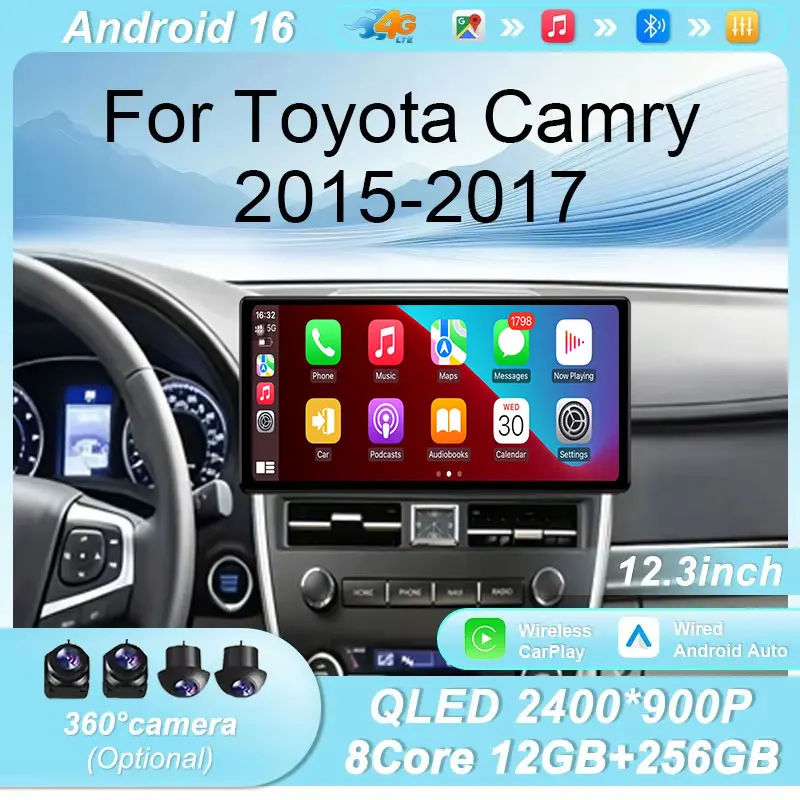 12.3 inch Wireless CarPlay Android Auto BT DSP WiFi Split‑Screen For Toyota Camry 2015‑2017 Autoradio QLED IPS Touch‑Screen 4G