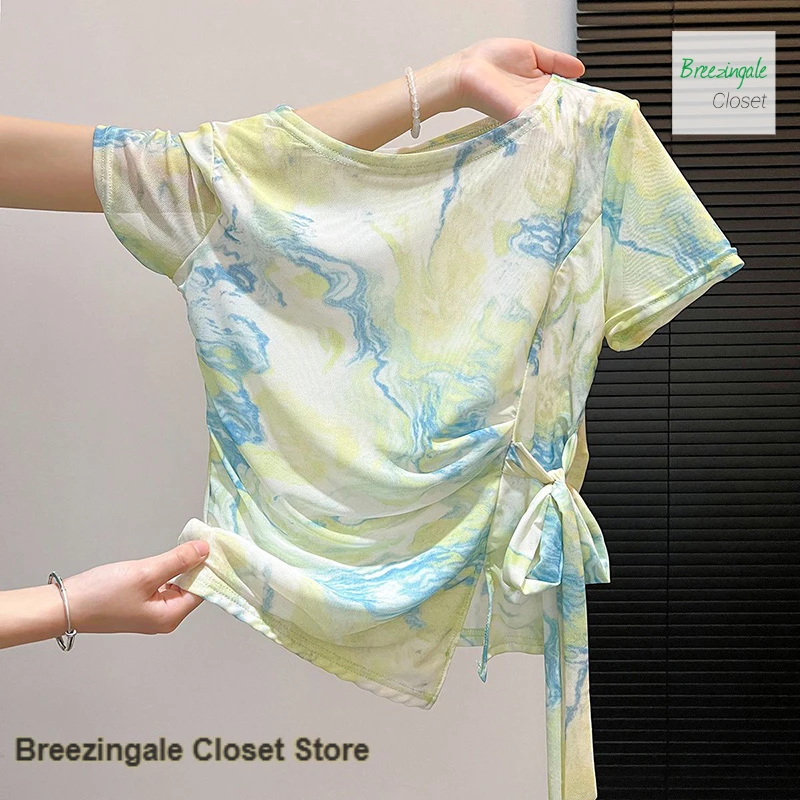 French oil painting tie-dye smudge printing short-sleeved T-shirt female summer strap design thin double-layer mesh waist top