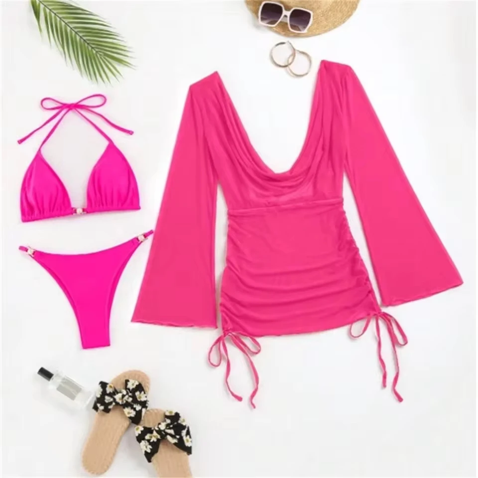 

String Bikini Deep-V Backless Cover-ups Stacked Push Up Swimsuit Y2K Vacation Swimwears Women 3 Piece Beach Wear Bath Suit