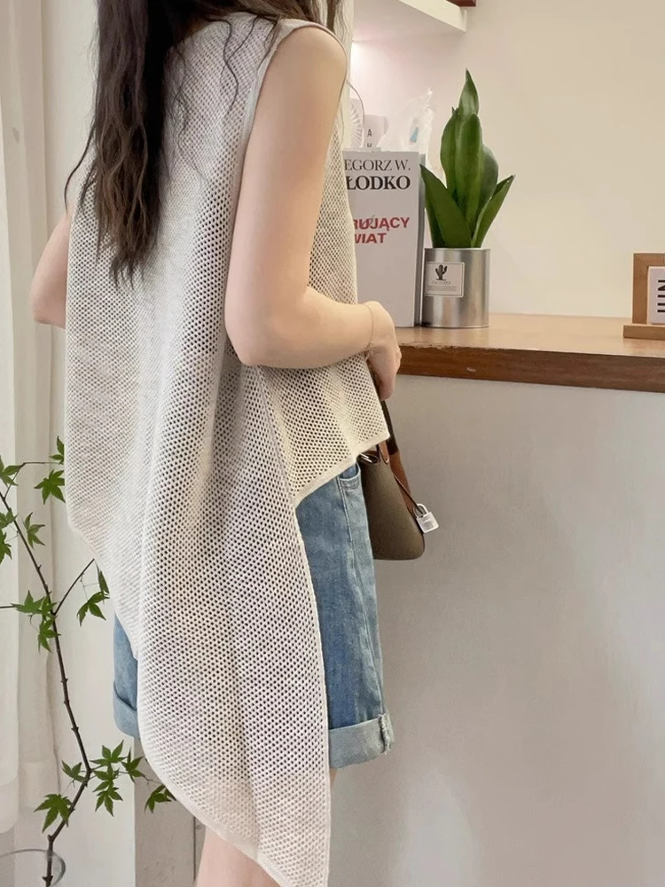 Ele Hollow out Irregular Knitted Vest Unique Design Loose Slimming Top Korean Sle Button Detail Silk Women's Summer irt