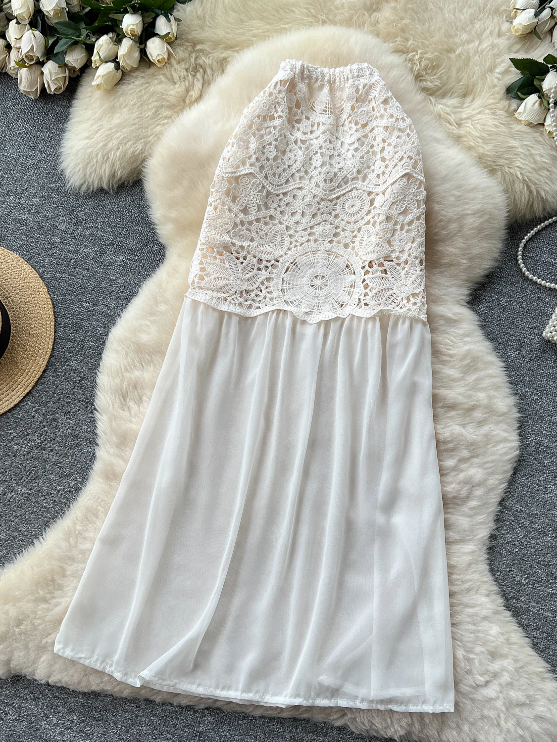 

Retro n Knitted Hollow out Me Splicing Design f Skirt Women's Summer Beautiful Long Skirts High Waist A-Line