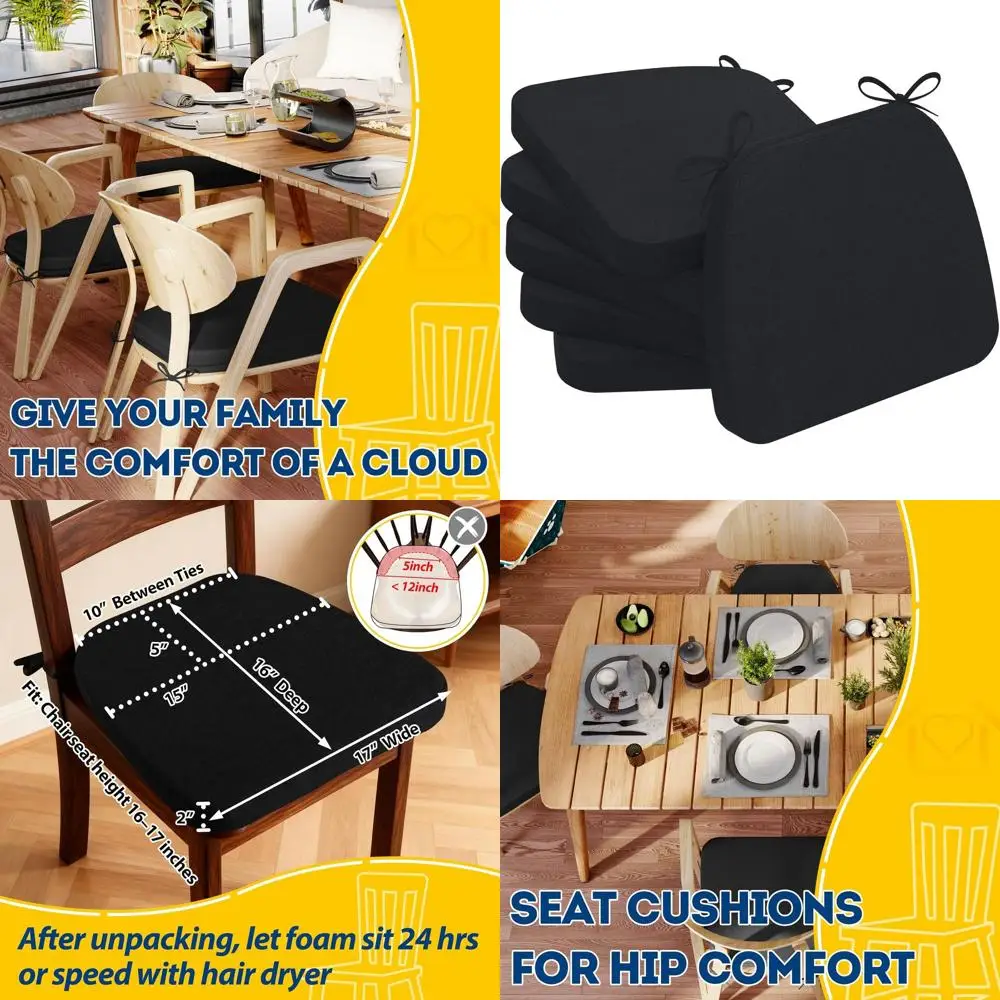

Black 2 Thick Removable Cover Dining Chair Cushions, 17x16, Set of 6