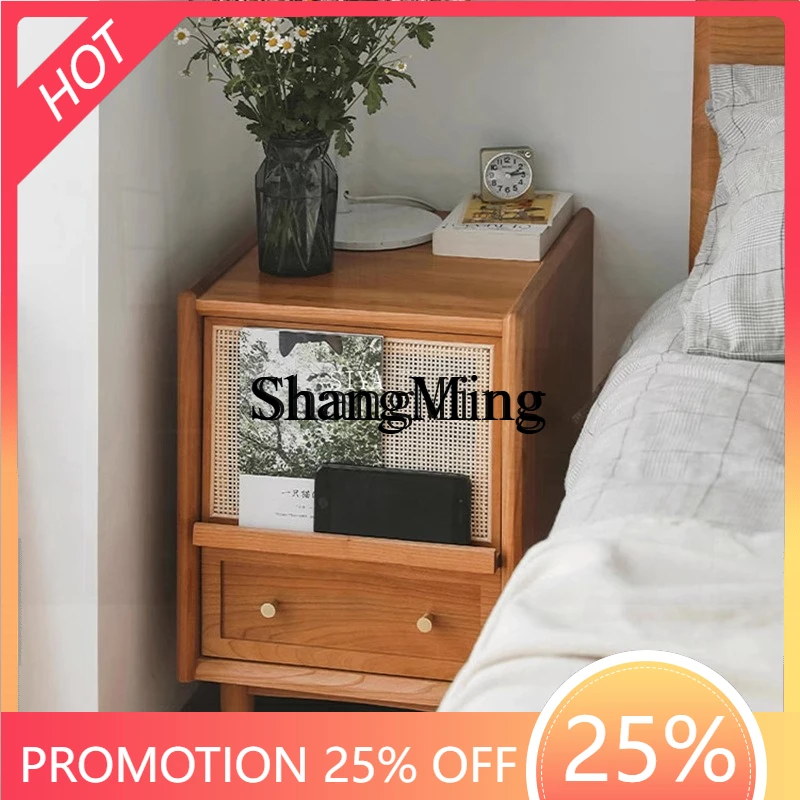 

SM household solid wood rattan bedside table cherry wood storage mini locker rack