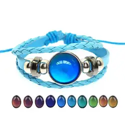 Trendy Temperature Change Color Mood Weave Rope Leather Bracelet Smart Discolor Button Bangles Jewelry for Women Men Kids Gift